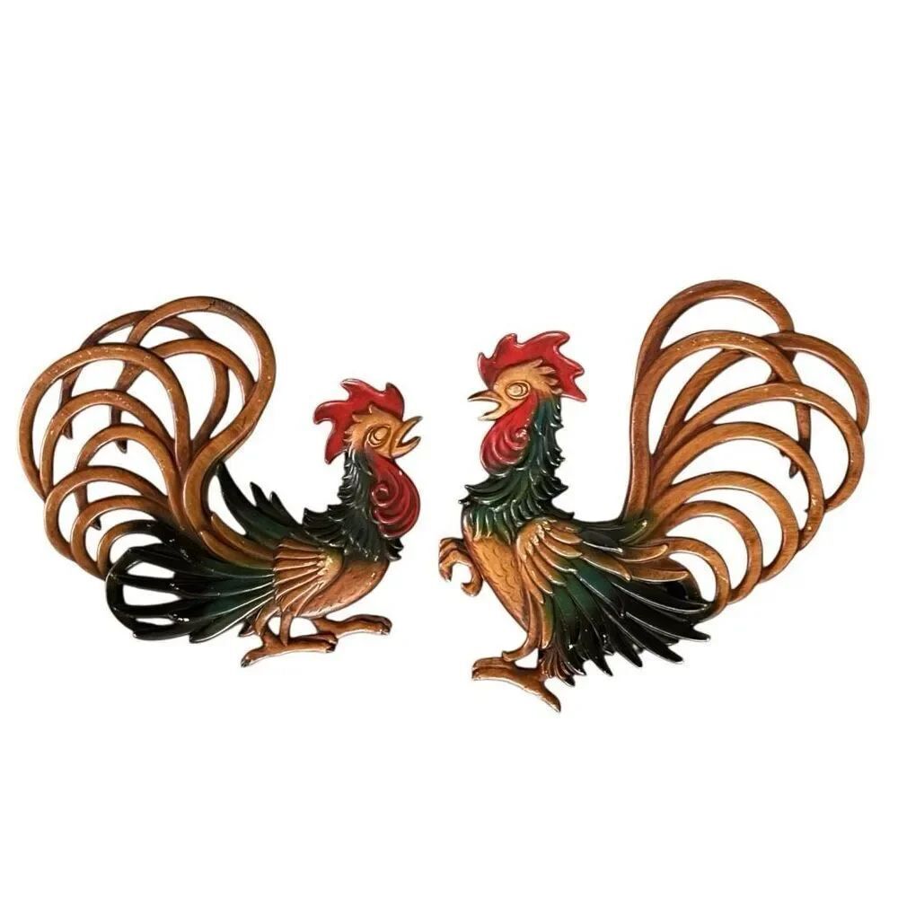2 MCM Wall Hanging Metal Roosters